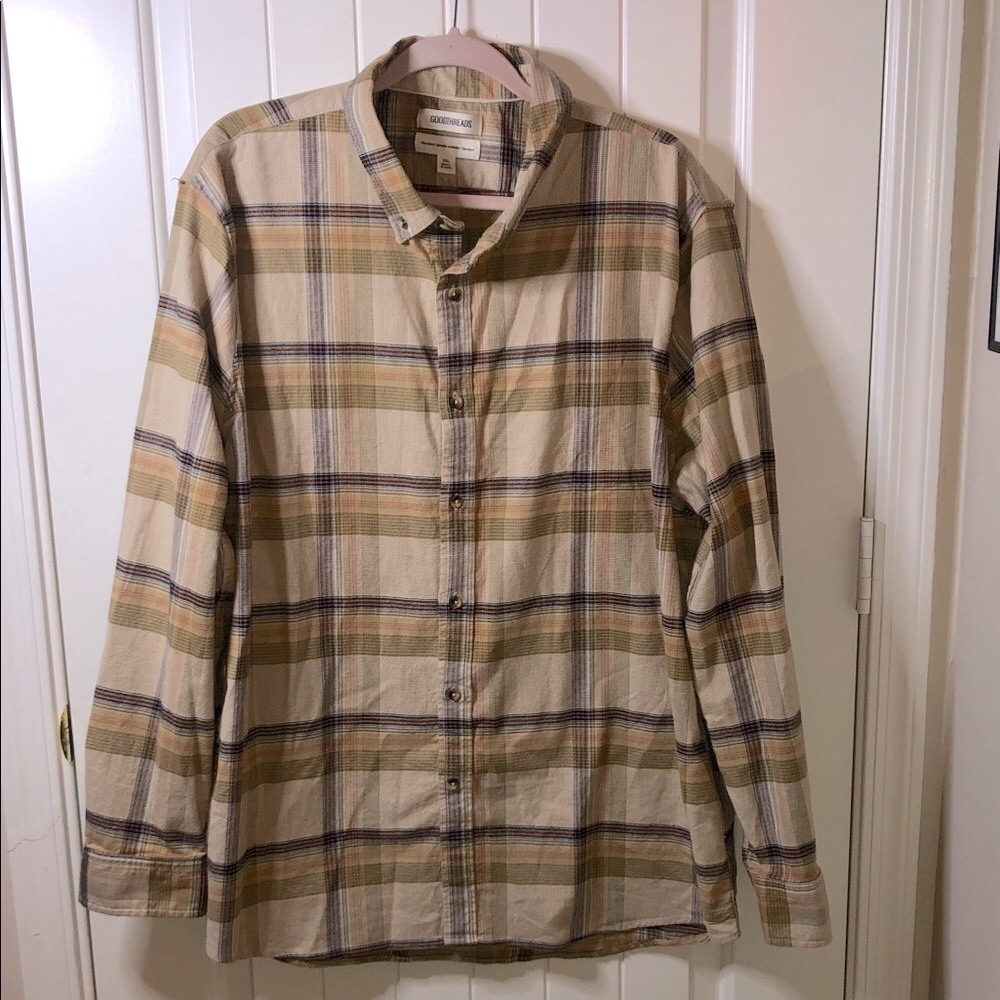 Goodthreads Tan and Navy Plaid Button-Down Shirt